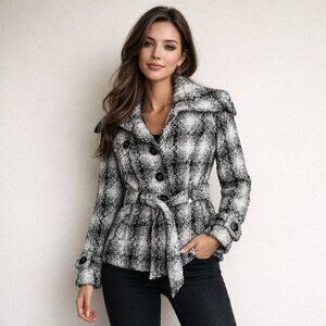 Sebby Collections Belted Tweed Plaid Woven Peacoat Jacket Coat XS
